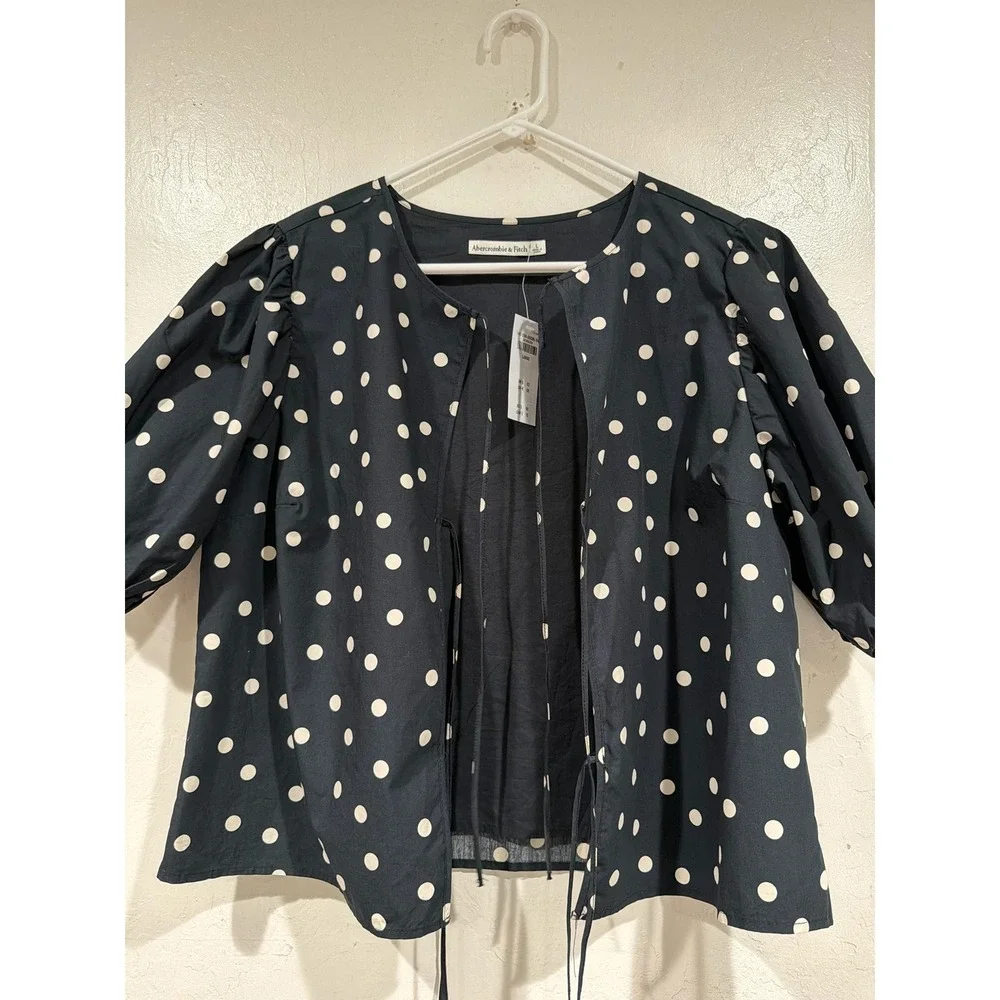 Abercrombie & Fitch Polka Dot Tie-Front Puff Sleeve Cotton Blouse Black Large
